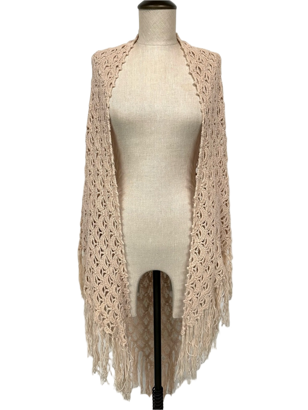 Beige Crochet Fringe Boho Shawl Wrap Open Knit Festival Ruana Cardigan